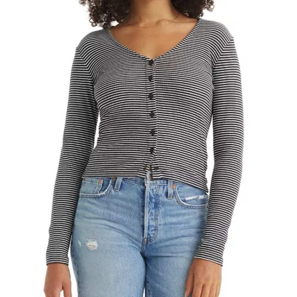 Levi's Black and White Striped V-Neck Button Long Sleeve Top